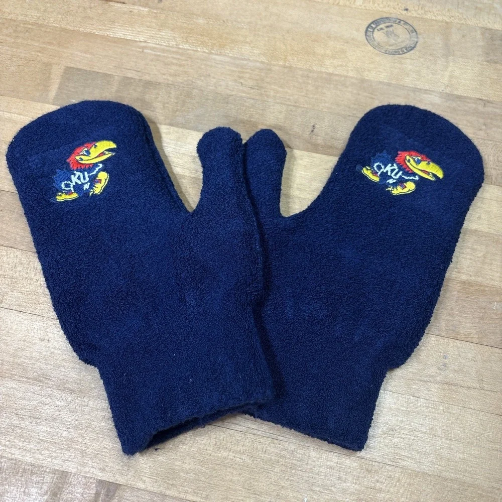 Vintage KU Jayhawks Fleece Mittens Men's One Size Blue Embroidered Winter